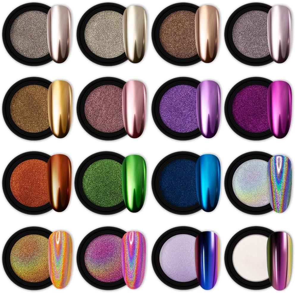 Artdone 16 Jars Chrome Nail Powder Nail Art Fimo Striping Tape Lines Decoration Metallic Mirror Effect Holographic Aurora Chameleon Pigment Powder 1g/Jar Pearl for Resin Craft & Nail Art