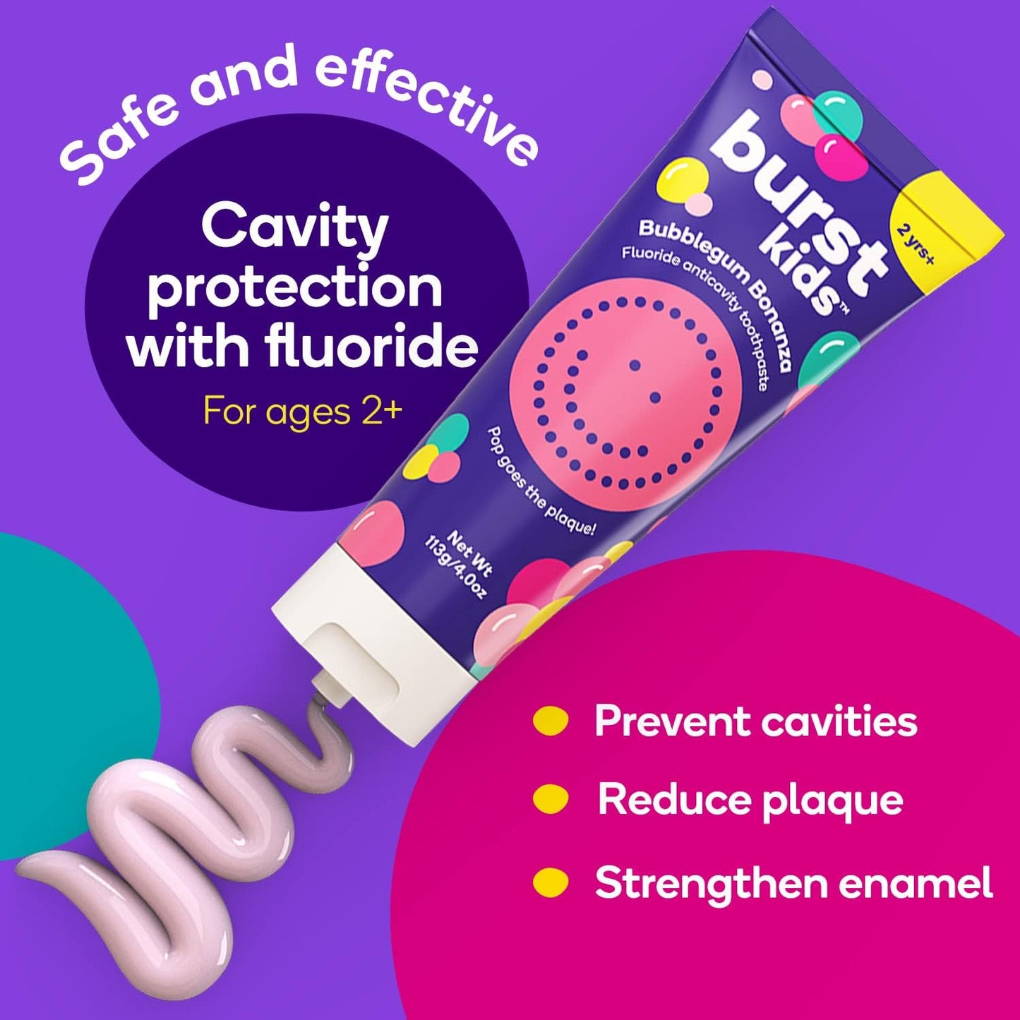 BURST Bubblegum Bonanza Kids Toothpaste with Fluoride (4oz) | Great Tasting | Flavored for Children & Toddlers | Anticavity | Dye Free & Vegan | Safe for Kids Ages 2+