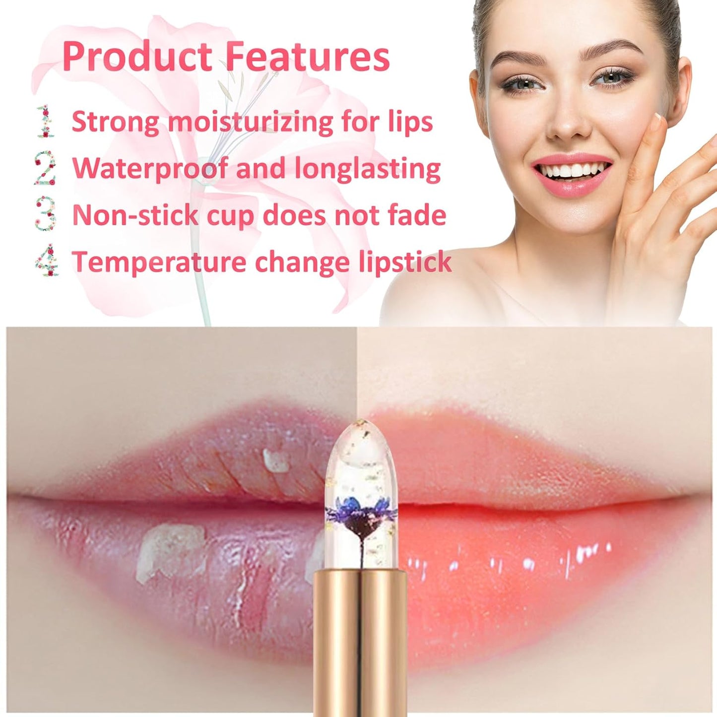 2 Pack Crystal Flower Jelly Lipstick,Magic Color Changing Lipstick,PH Clear Temperature Color Changing Lip Gloss,Lip Balm,Long Lasting Nourishing Moisturizing Lip Stick Set X02+03