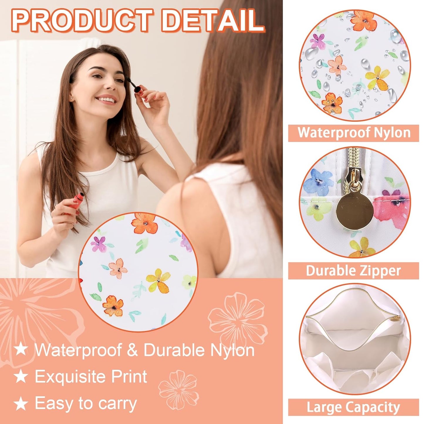 Waterproof Large Floral Makeup Pouch,Nylon Travel Toiletry Storage Purse Preppy Cosmetic Bag for Women Girl,Large Capacity Makeup Organizer Zipper Pouch for Work(L Colorful-Flowers)