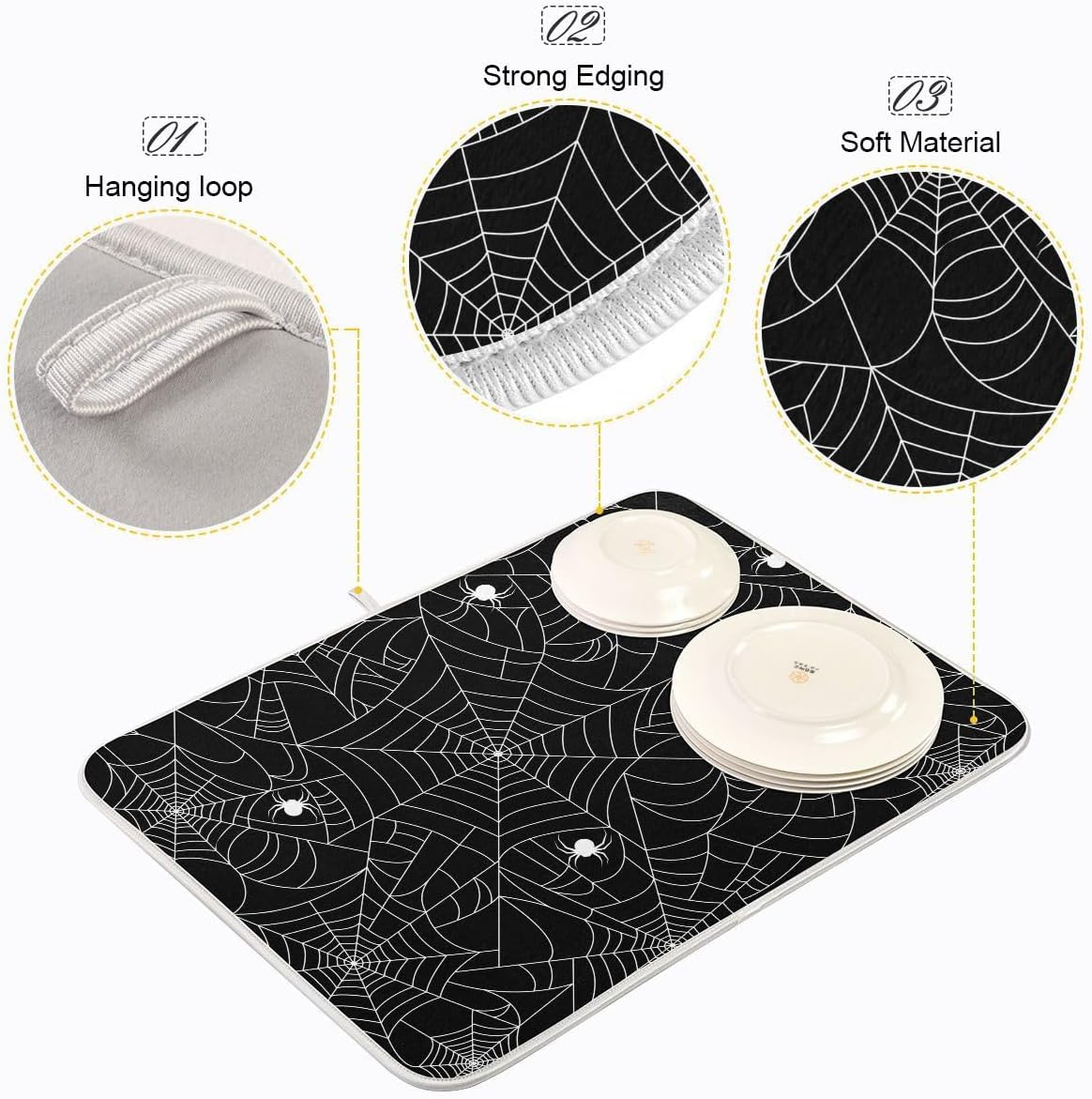 Halloween Spooky Spider Web Dish Drying Mat for Kitchen Happy Halloween Creepy Decoration Microfiber Drying Mats Absorbent Reversible Dish Pad Large Dish Draining Mat 18x24 inch