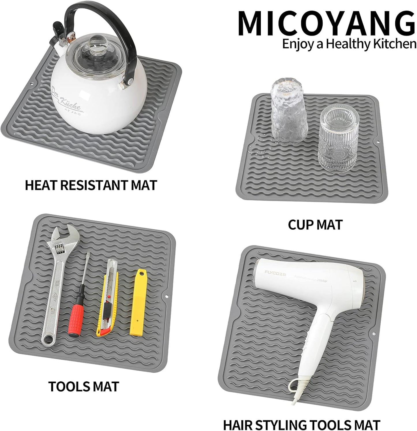 Silicone Dish Drying Mat for Multiple Usage,Easy clean,Eco-friendly,Heat-resistant Silicone Mat for Kitchen Counter or Sink,Refrigerator or Drawer liner Grey M 12 inches x 12 inches