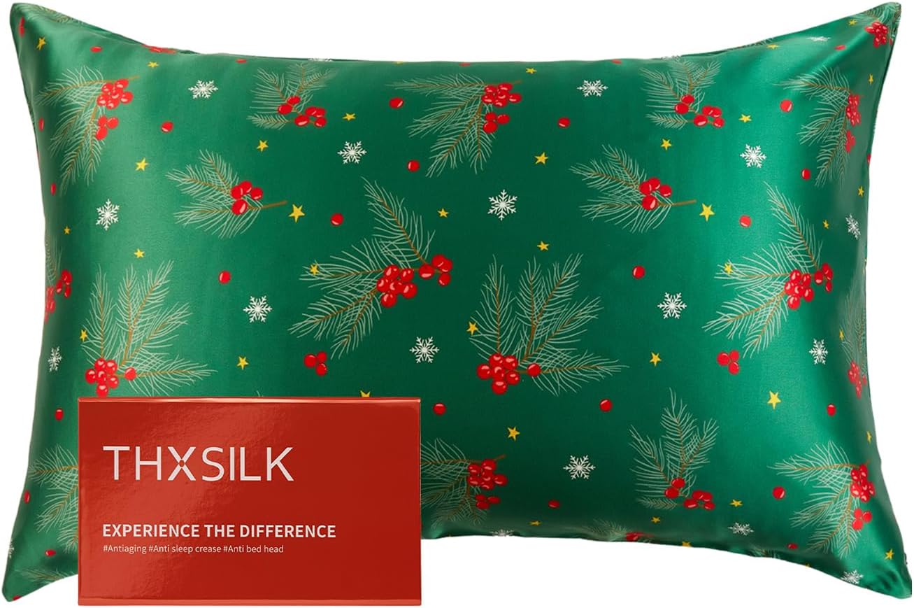 THXSILK Christmas Style 6A+ Grade Mulberry Silk Pillowcase for Hair and Skin, 22 Momme 100% Pure Silk Pillow Case with Hidden Zipper, Christmas Holly Printed Pillow Cover(King Size 20"x36", Green)