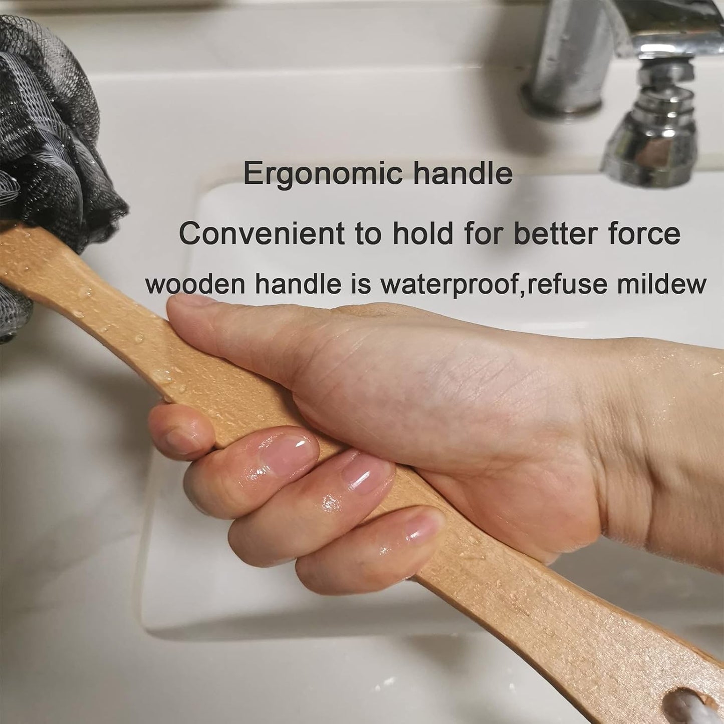 Shower Sponge Loofah Back Scrubber, Soft Mesh Body Scrubber with Wooden Handle, Bath Sponge for Women Kids (Black)