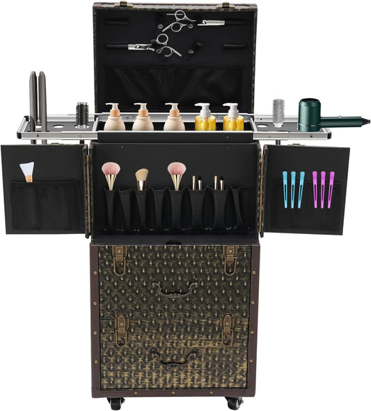 Lockable Makeup Train Case,55.1lbs Rolling Hairdressing Trolley,Beauty Salon Cosmetic Luggage with Universal Wheels for Hair Stylist,Make-up Artists (Brown)