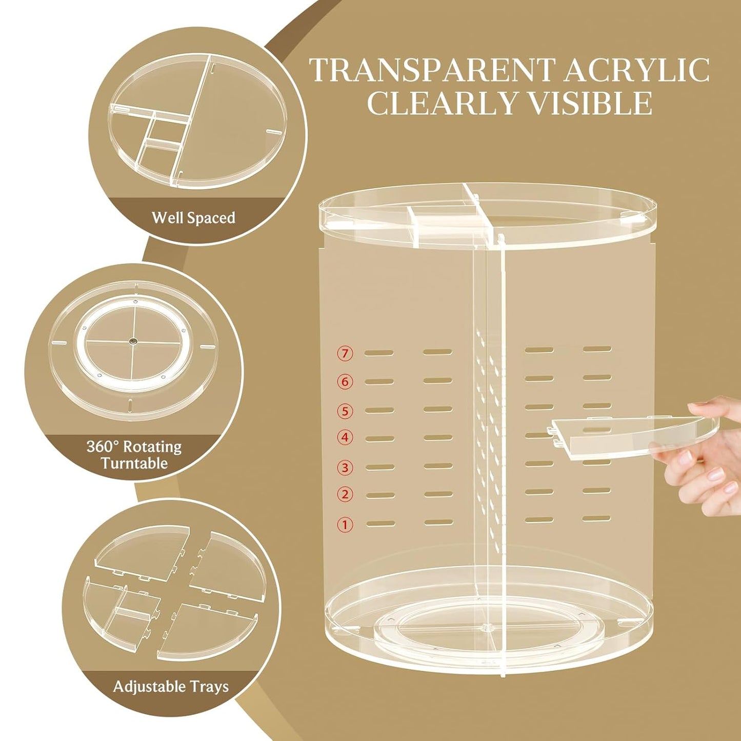 Makeup Organizer 360 rotating, Adjustable Skincare Organizer with Brush Holder, Cosmetics Display Cases for Vanity Bathroom Countertop Large Capacity Carousel Make up Caddy Shelf (Transparent)