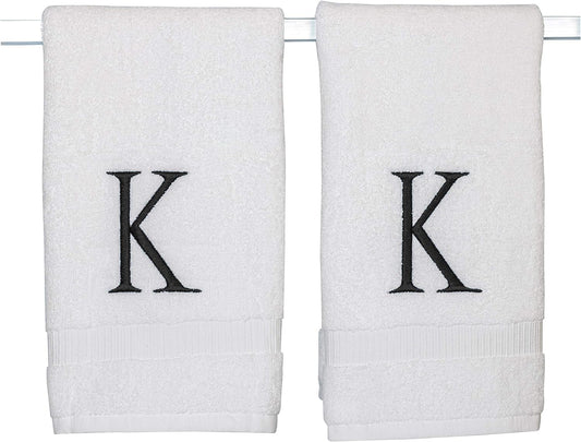Black Monogrammed Bathroom Hand Towel - Black & White Luxury Hotel Quality Personalized Initial Decorative Embroidered Towel for Powder Room, Spa - GOTS Organic Certified - Set of 2 Letter K