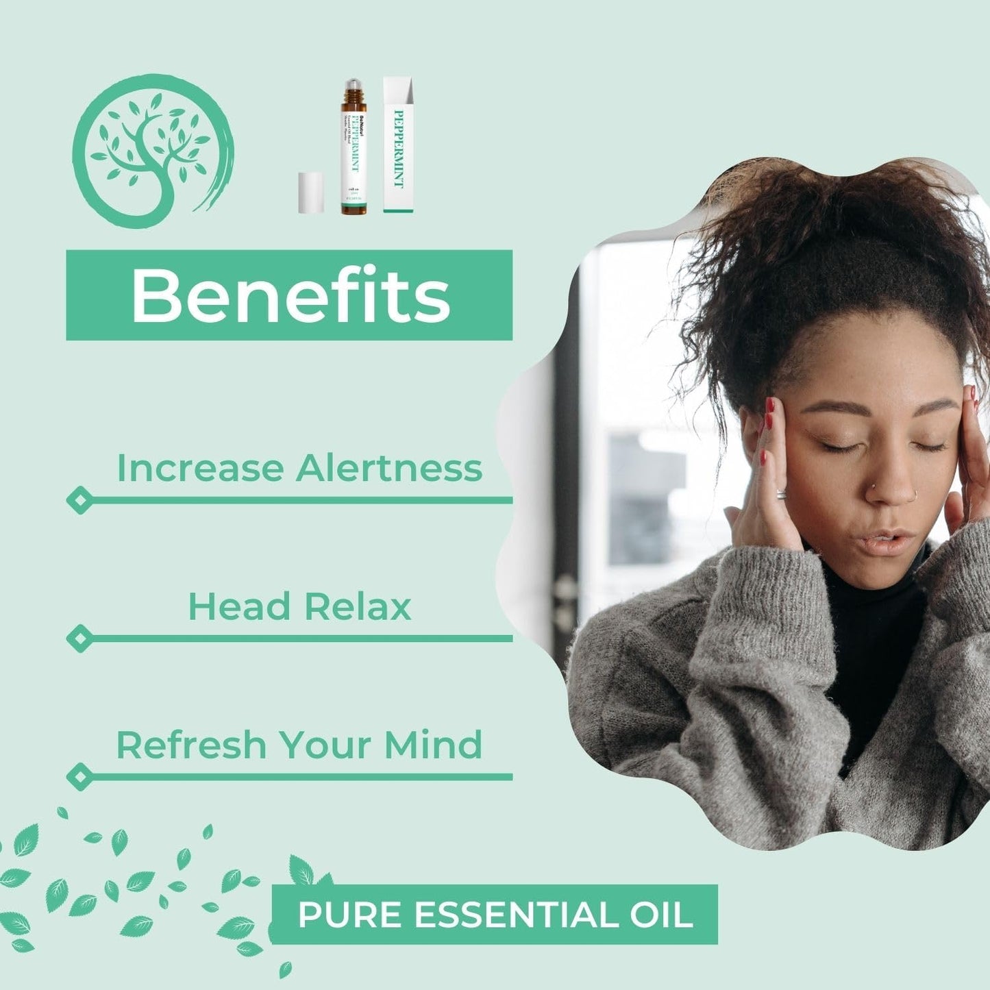 Benatu Peppermint Oil Roll On, Pre-Diluted Natural Essential Oil Blend Roller Travel Size for Skin Care, Aromatherapy, Hair, Body Topical Massage - Head Refresh 10ml