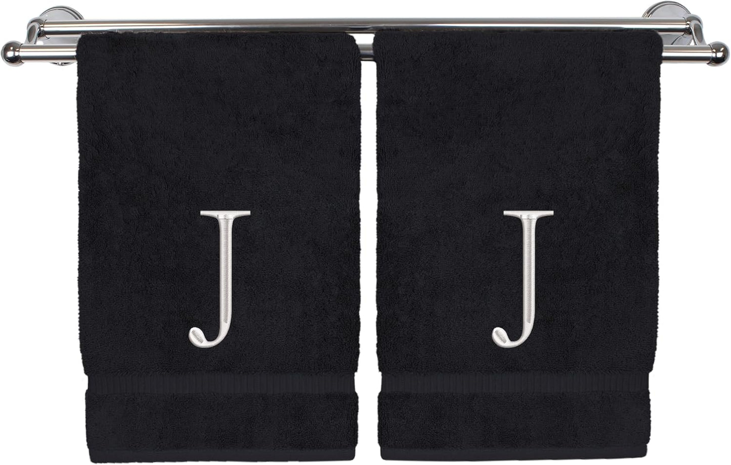 Monogrammed Hand Towel, Personalized Initial Gift, Extra Absorbent 100% Turkish Cotton - Soft Terry Finish - Set of 2 - White Block Initial J - Embroidered on Black Towels