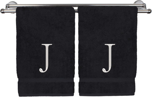 Monogrammed Hand Towel, Personalized Initial Gift, Extra Absorbent 100% Turkish Cotton - Soft Terry Finish - Set of 2 - White Block Initial J - Embroidered on Black Towels