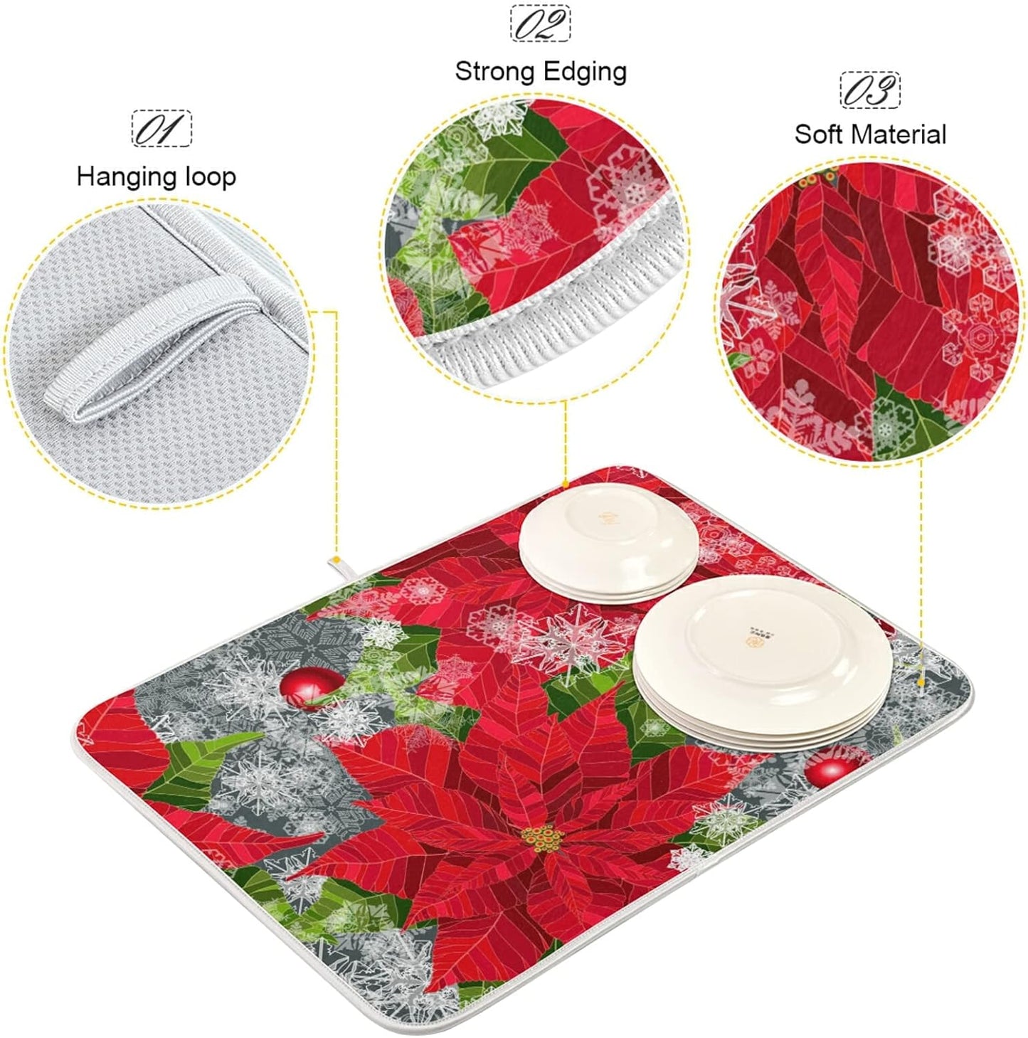 Dish Drying Mat for Kitchen Counter 18 x 16 Inch Happy Holidays Poinsettias Flower Christmas Microfiber Dish Mat Drying Pad Absorbent Dishes Pad Dish Drainer Rack Mats