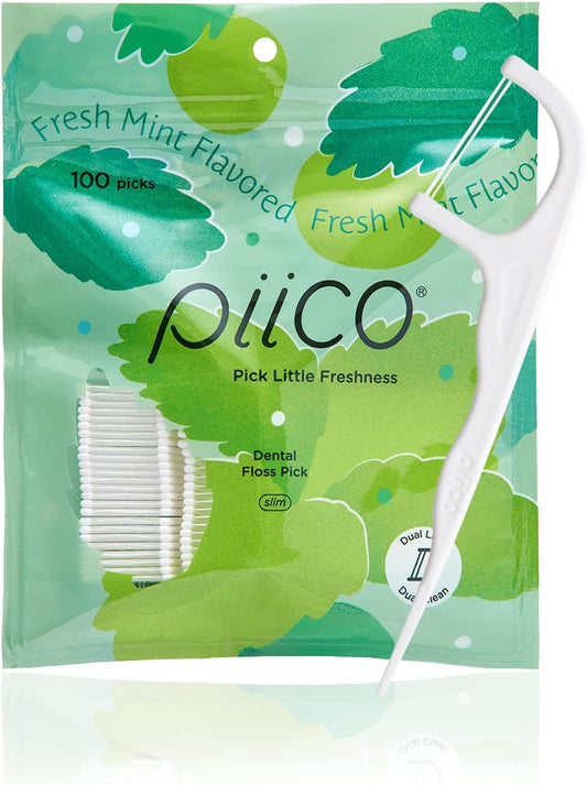 Piico Xylitol Floss Picks, 100 Count - Unbreakable, Shred-Resistant, Resealable, Unique Flavored Dental Flossers for Adults, Portable