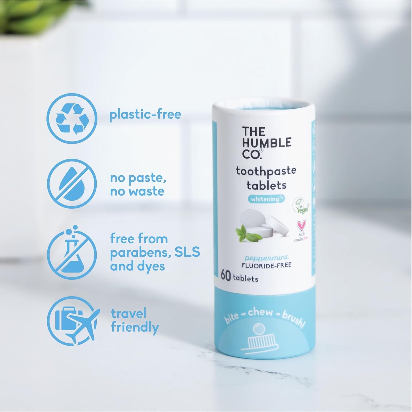 The Humble Co. Whitening Toothpaste Tablets – Fluoride Free Toothpaste Whitening Tablets, Dentist Developed Formula, Vegan, SLS Free, Plastic Free (Peppermint, 2 PK)