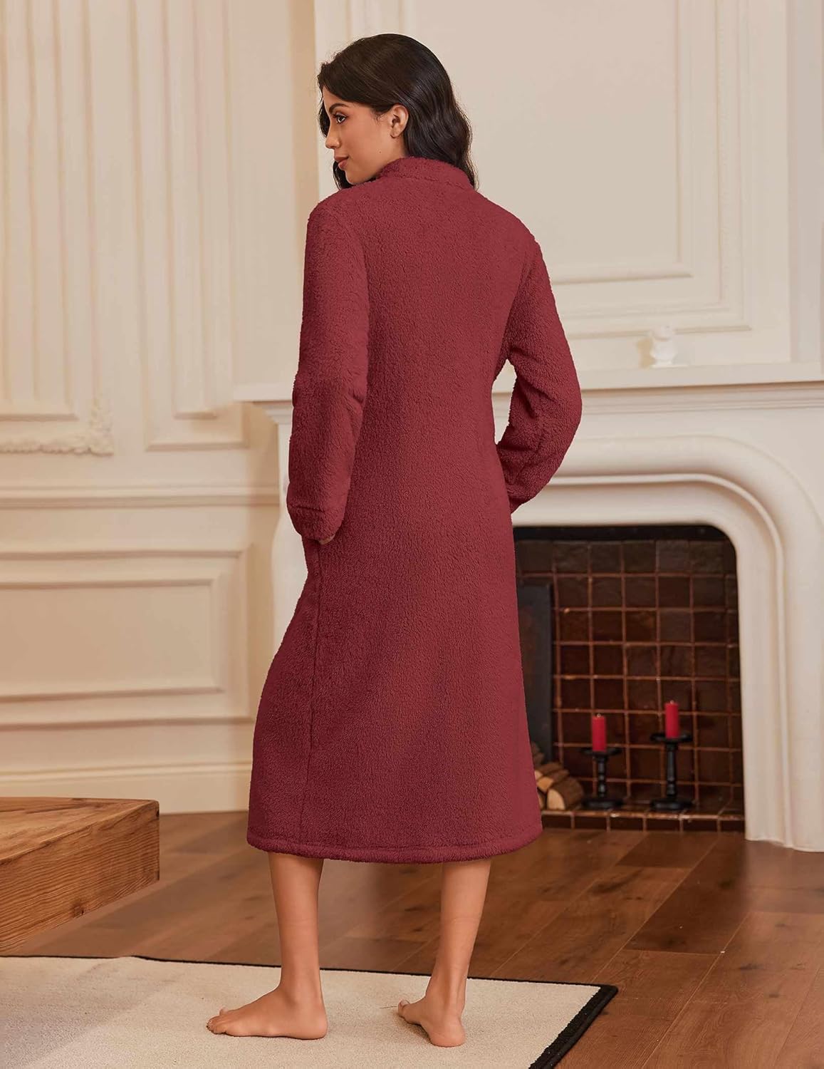 Ekouaer Women's Zip Up Robe Fleece Bathrobe Long Zipper Lounger Warm Housecoat Long Sleeve Nightgown with Pockets S-XXL