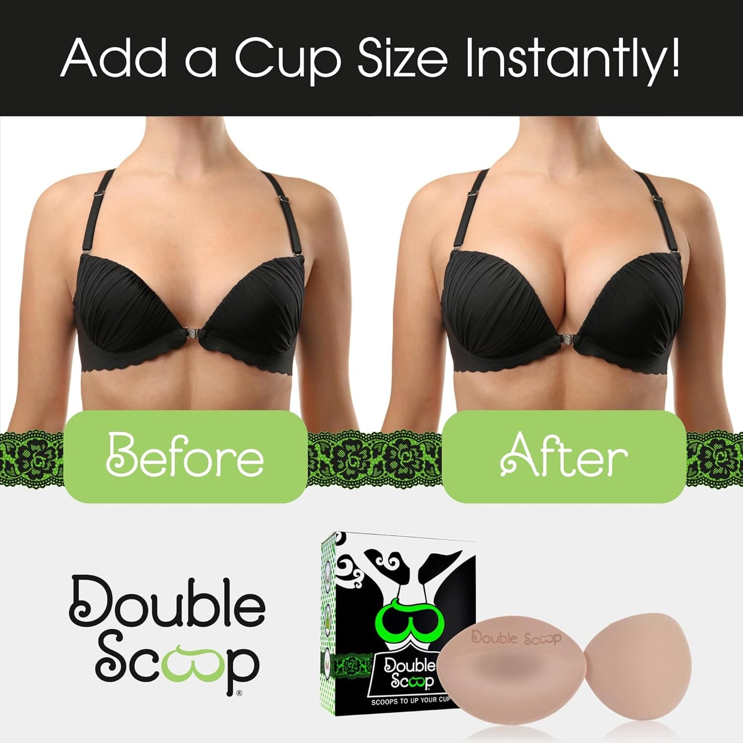 Double Scoop® Push Up Inserts w/Bonus Tape Sticky Strips, Instant Breast Implants, Replacement Bra Pads