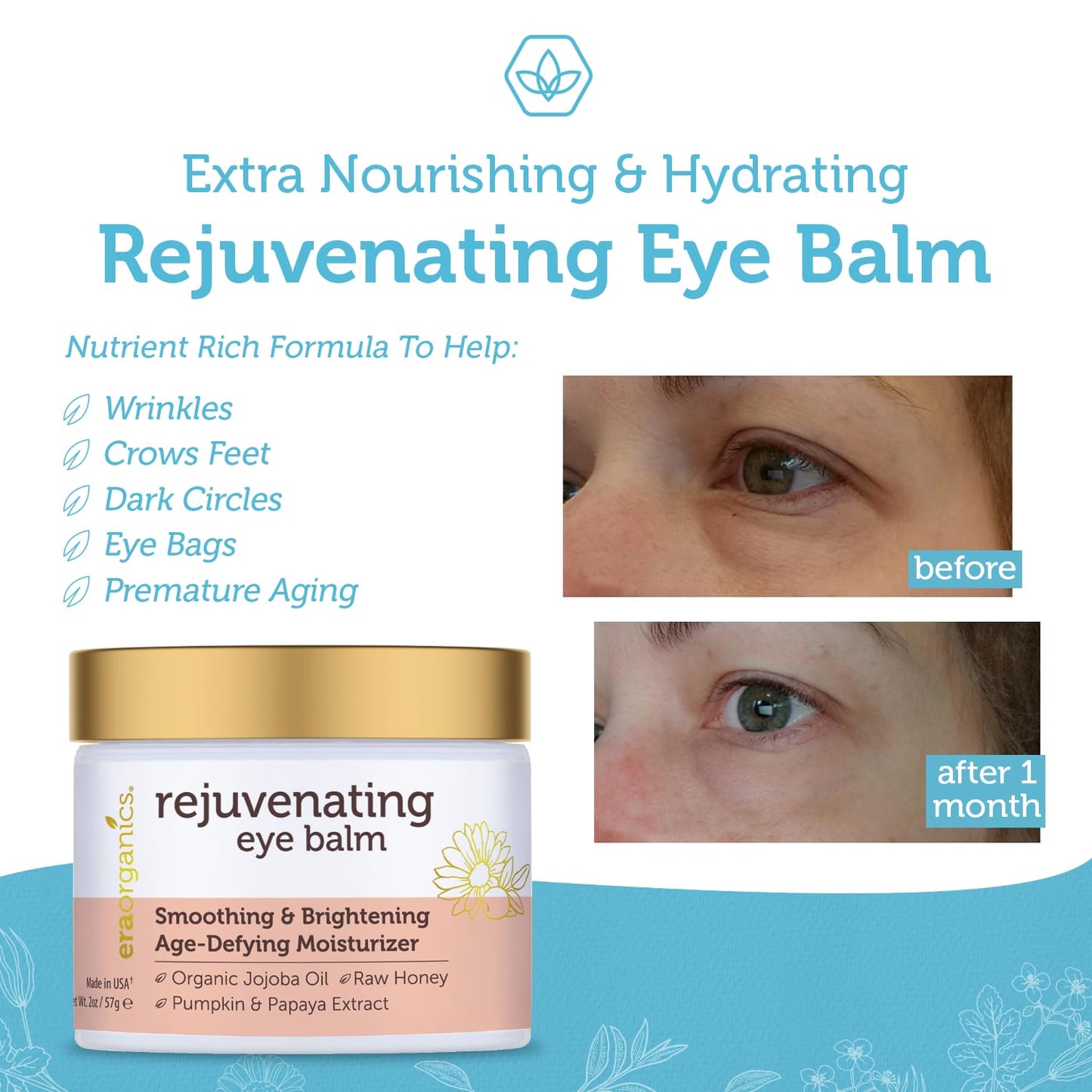 USDA Organic Eye Moisturizer Cream - Rejuvenating and Nourishing Age Defying Balm - Natural Ingredients for Sensitive Skin with Jojoba Oil, Argan Oil for Puffiness, Fine Lines Plus More
