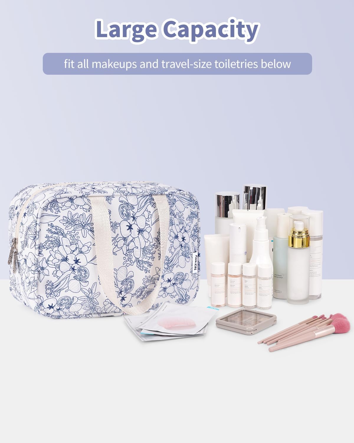 Full Size Toiletry Bag Women Large Cosmetic Bag Travel Makeup Bag Organizer Medicine Bag for Toiletries Essentials Accessories (Navy Blue Flower, Large)