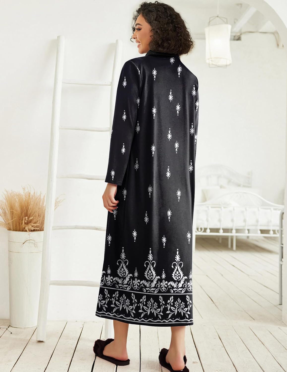 Ekouaer Women Zipper Robe Long Sleeve Loungewear Lightweight Housecoat Full Length Nightgown with Pockets