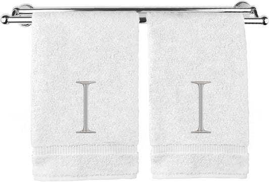 Monogrammed Hand Towel, Personalized Initial Gift, Extra Absorbent 100% Turkish Cotton - Soft Terry Finish - Set of 2 - Silver Block Initial I - Embroidered on White Towels