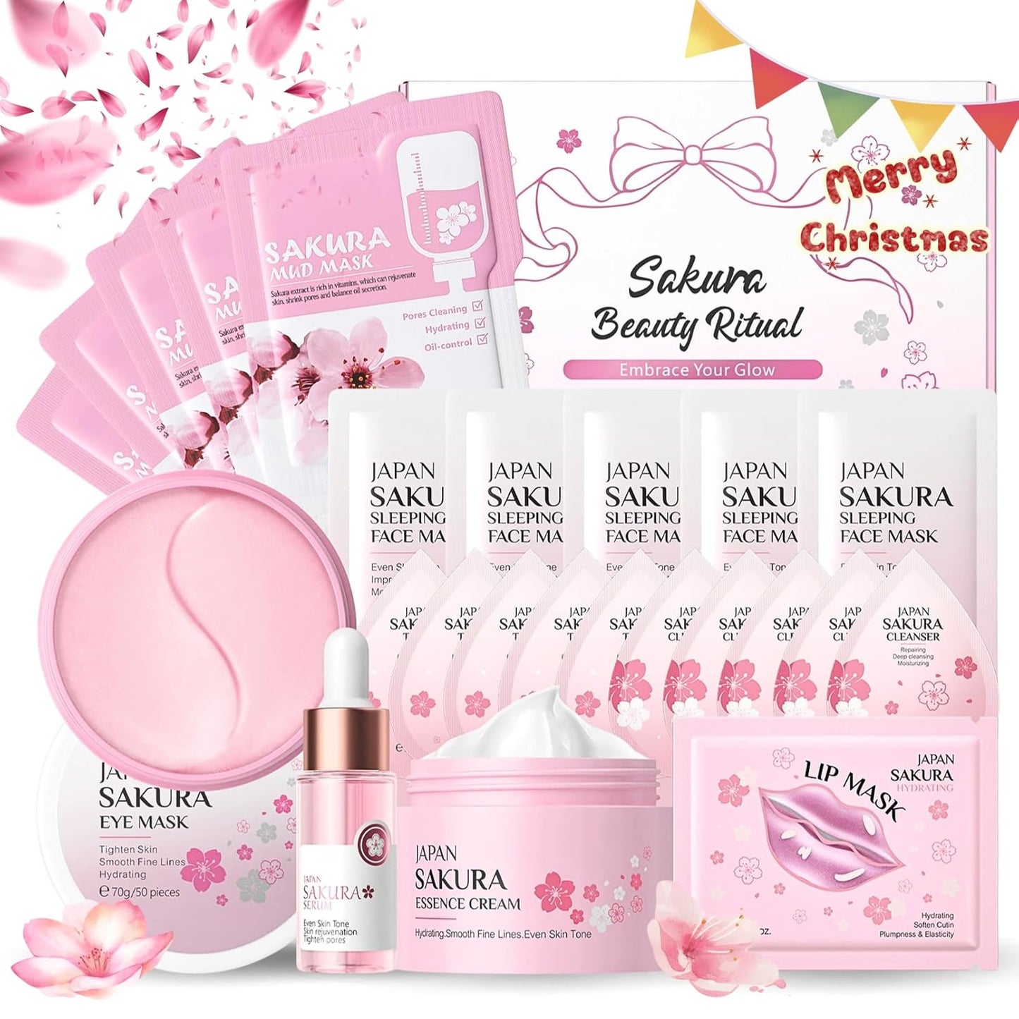 24-IN-1 Sakura Skin Care Set for Teen Girls Gifts - Skincare for Girls 10-12 Cleansing & Moisturizing, Skin Care for Kids Age 8-12, Facial Kit Gift Set for Women Day & Overnight Care