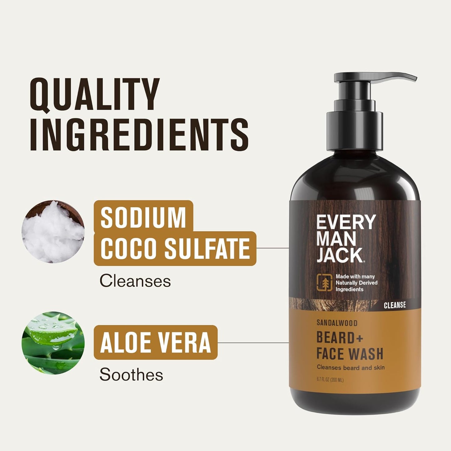 Every Man Jack Beard + Face Wash - Sandalwood & Aged Bourbon Bundle - Cleans & Softens Your Beard and Skin - Naturally Derived w/Aloe and Glycerin- 6.7 fl oz - 2 Pack