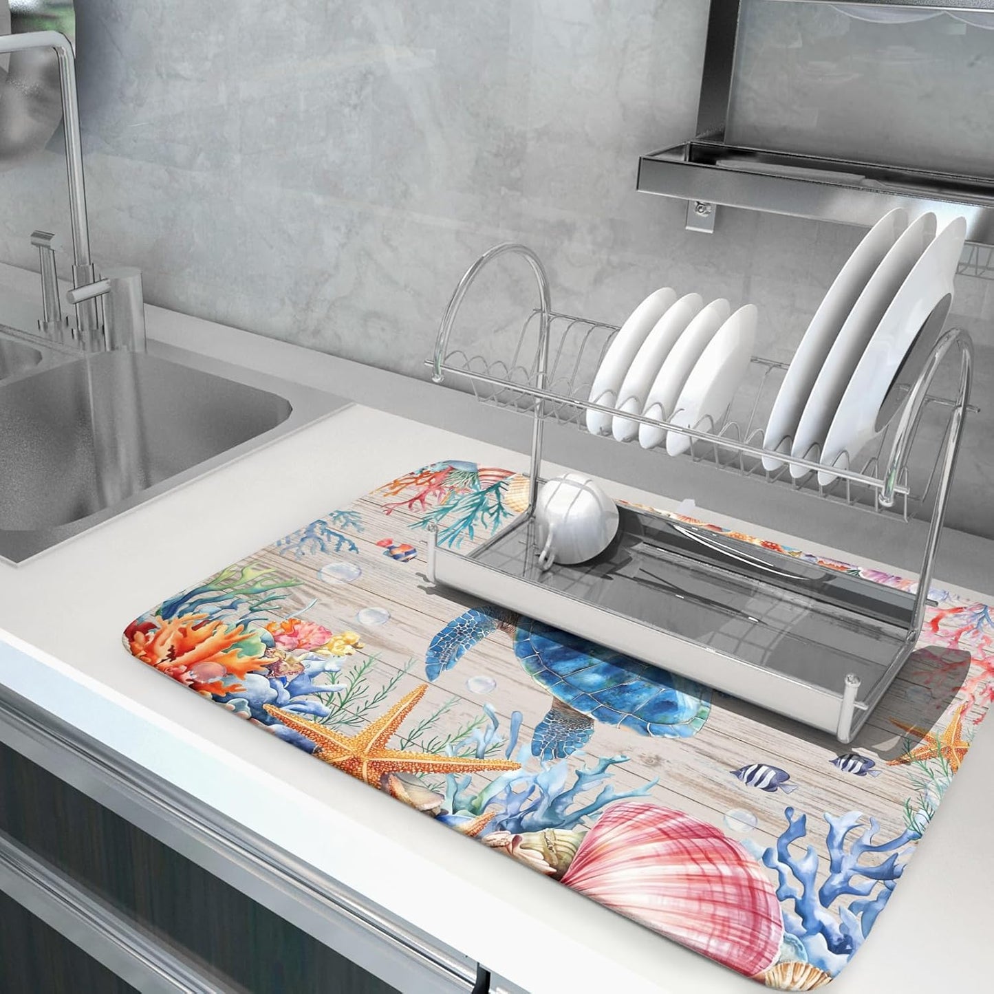 Sea Turtle Dish Drying Mat 18x24 inch Tropical Ocean Fast Dry Absorbent Microfiber Dishes Drainer Rack Pad for Countertop Bar Table Decor