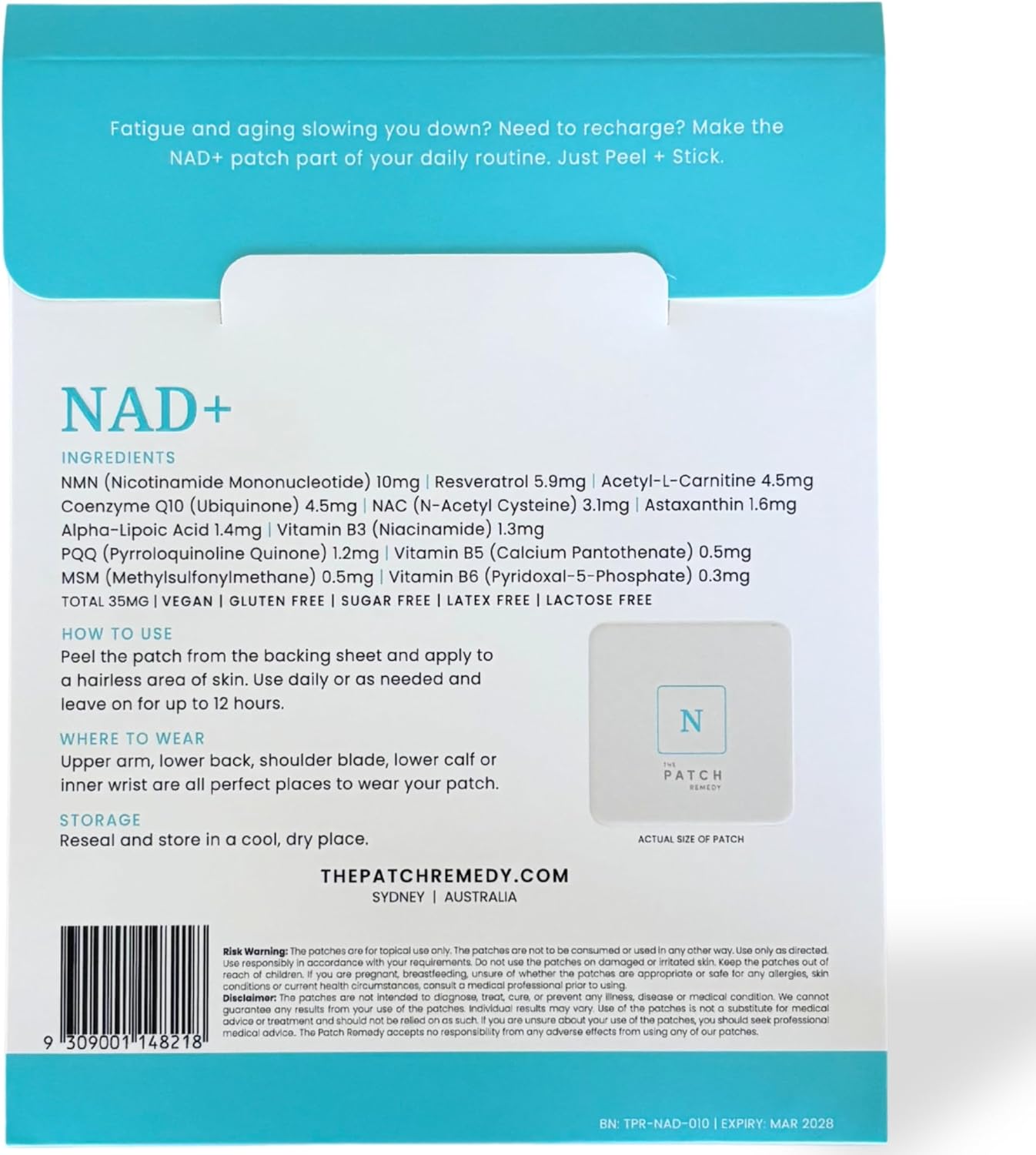 NAD+ Patch - NMN, Resveratrol, CoQ10, NAC, Astaxanthin, PQQ | 30 Patches