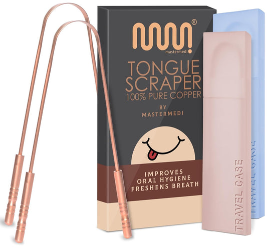 MasterMedi Tongue Scraper with Case Easy to Use Tongue Scraper for Adults, Tongue Cleaner for Oral Care & Hygiene Copper Set of 2 (with Travel Case)