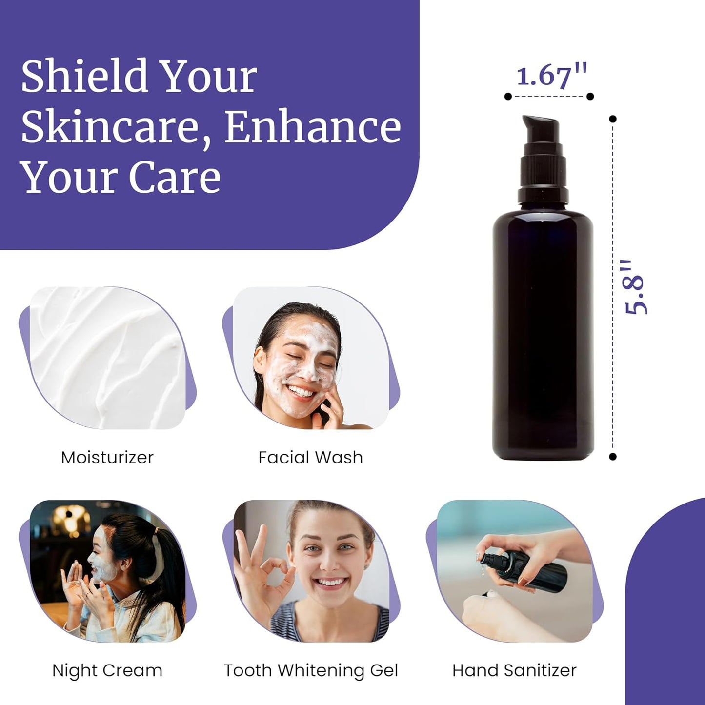 Infinity Jars Ultraviolet Glass Push Pump Bottle 100 Ml (3.4 fl oz) Refillable Containers for Lotion Homemade Cosmetics Make-up Skin Care Cream, Lotion, Shampoo, Conditioner Dispenser Bottles