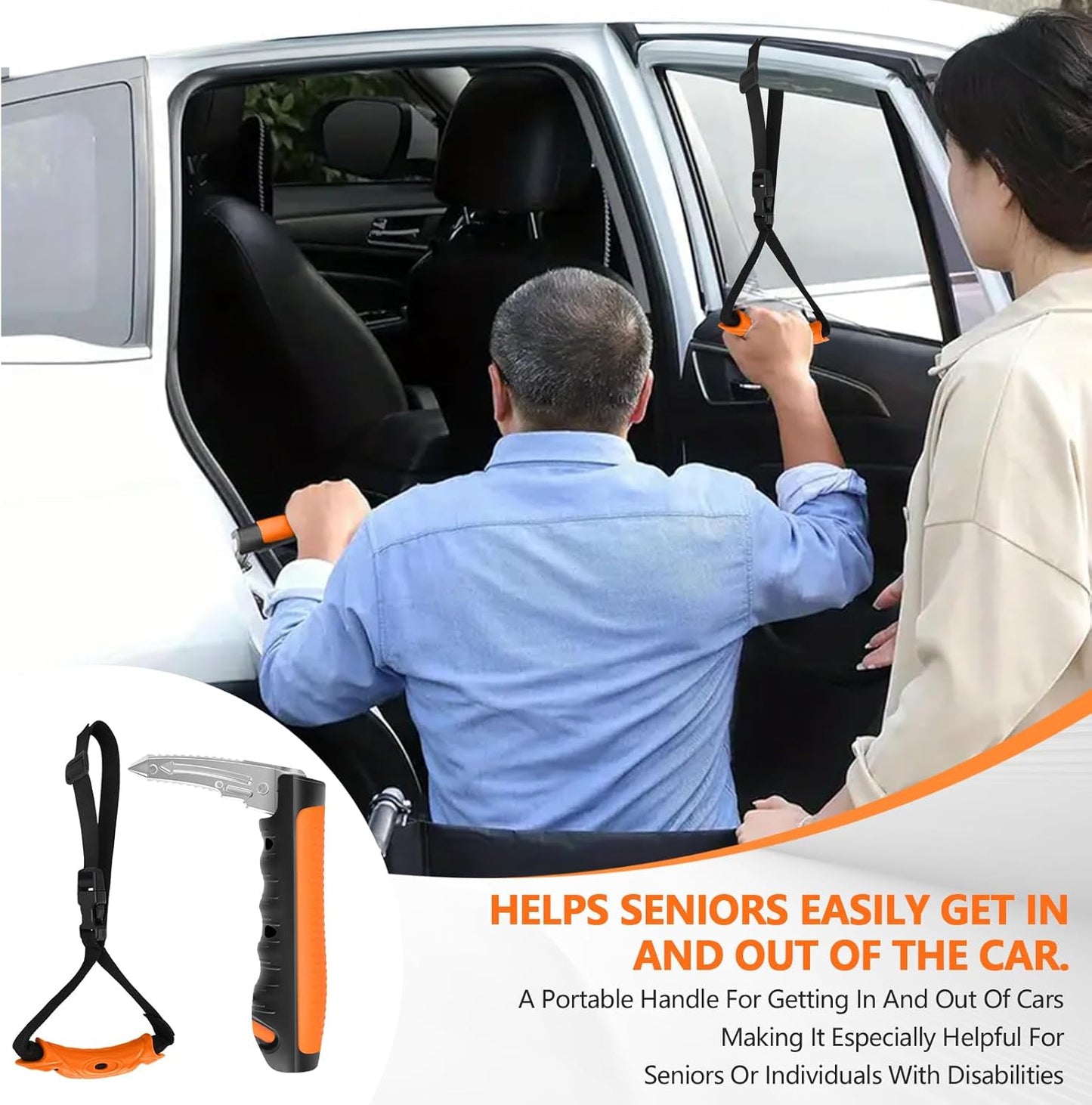 Car Door Handle for Elderly - 2025 New 4 in 1 Car Handle Assist, 2 Pack Auto Cane Portable Vehicle Support Handle Door Assist Bar, Max Load 500 Lbs, Anti-Slip Design (Orange-Car Handle +Strap)