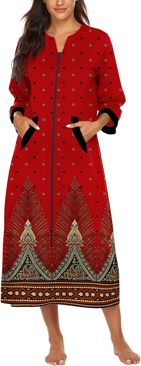 Ekouaer Women Zipper Robe 3/4 Sleeves Loungewear Dress Full Length Sleepwear Pockets Housecoat Nightgown Long Bathrobe