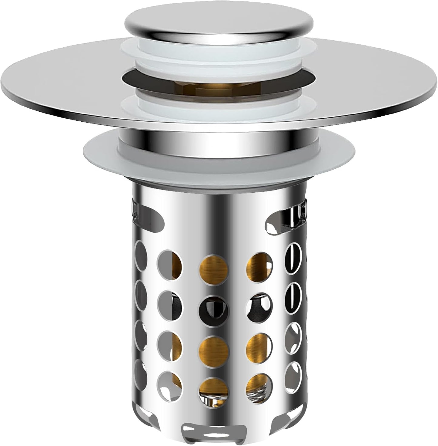 Bathroom Sink Stopper with Pop Up Design, Universal Sink Drain Strainer with Removable Stainless Steel Basket, Brass Core, Chrome, Anti-Clog Sink Drain Stopper for Hair & Debris, Fits 1.1-2.36" Basin