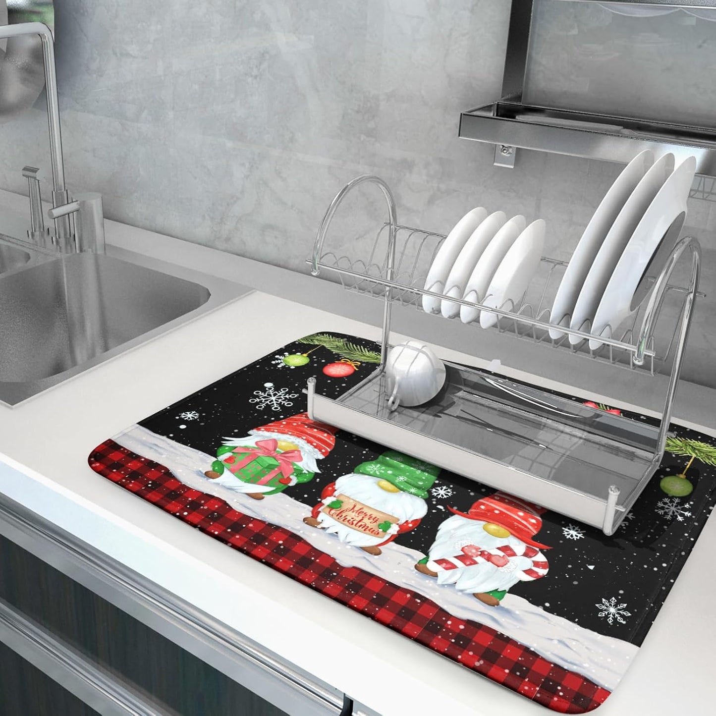 Merry Christmas Dish Drying Mat Black Gnomes Dish Drainer Mats 18x24 Inch Holiday Decorative Absorbent Dishes Pad for Kitchen Counter Sink