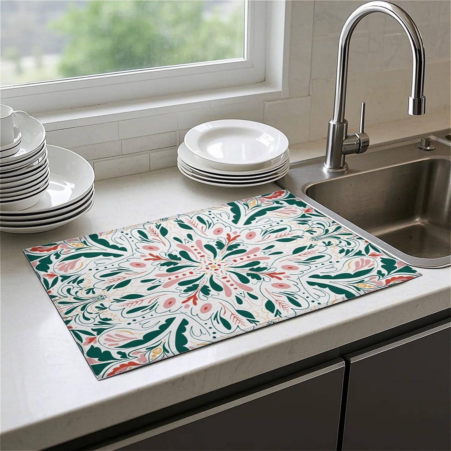 Dish Drying Mat For Kitchen Counter, Garden Tulips Microfiber Absorbent Dish Drainer Rack Pad Reusable Large 18x24in Drying Mat