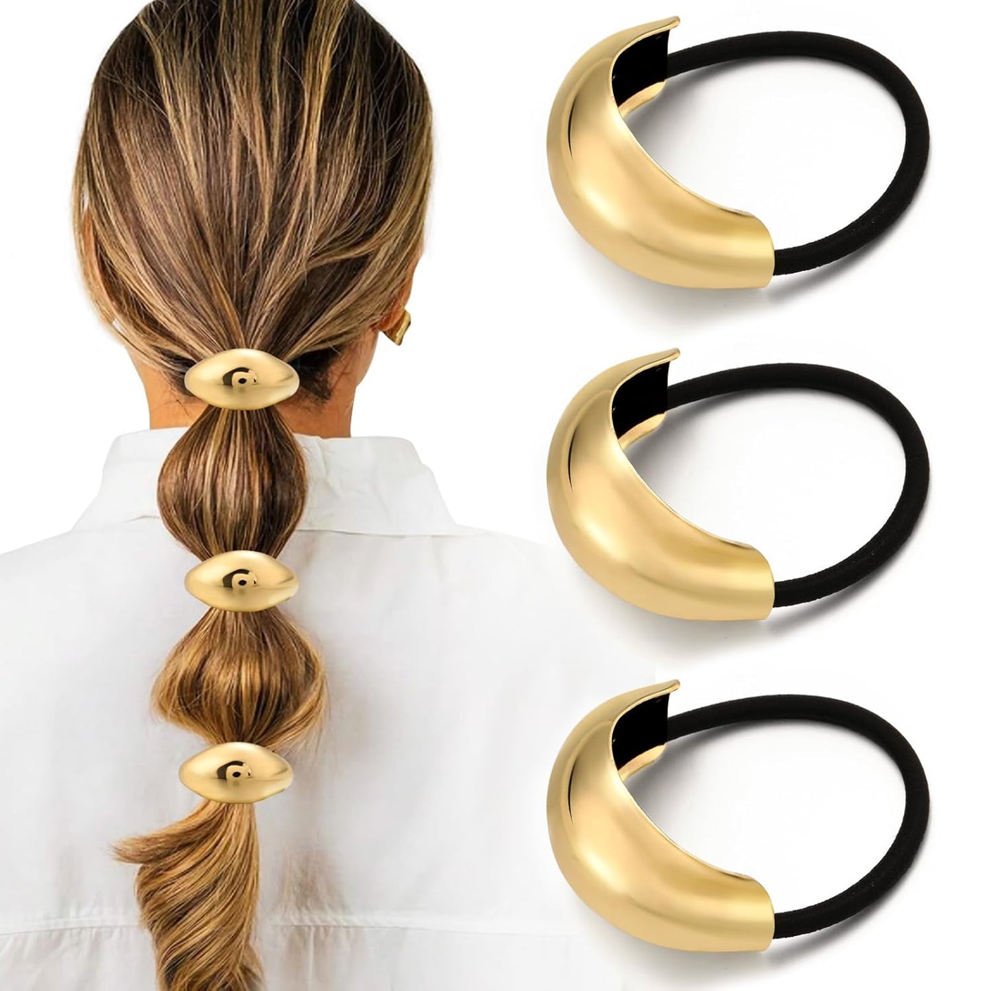 3PCS Gold Hair Ties, Metal Hair Ties for Thick Hair, Elegant Durable Geometric Design Hair Cuffs, Gold Hair Accessories Stretchy Non-Damage Ponytail Cuff Holders Holiday Gifts