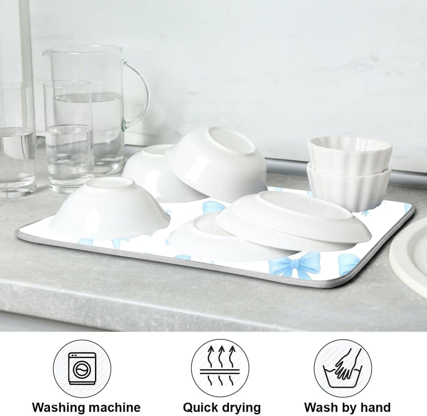 Blue Bow Ribbon Dish Drying Mat for Kitchen Countertop 16x18 Bowknot White Coquette Pattern Small Drying Mat Reusable Quick Dry Dish Sink Mats Easy Clean Decorative Essentials