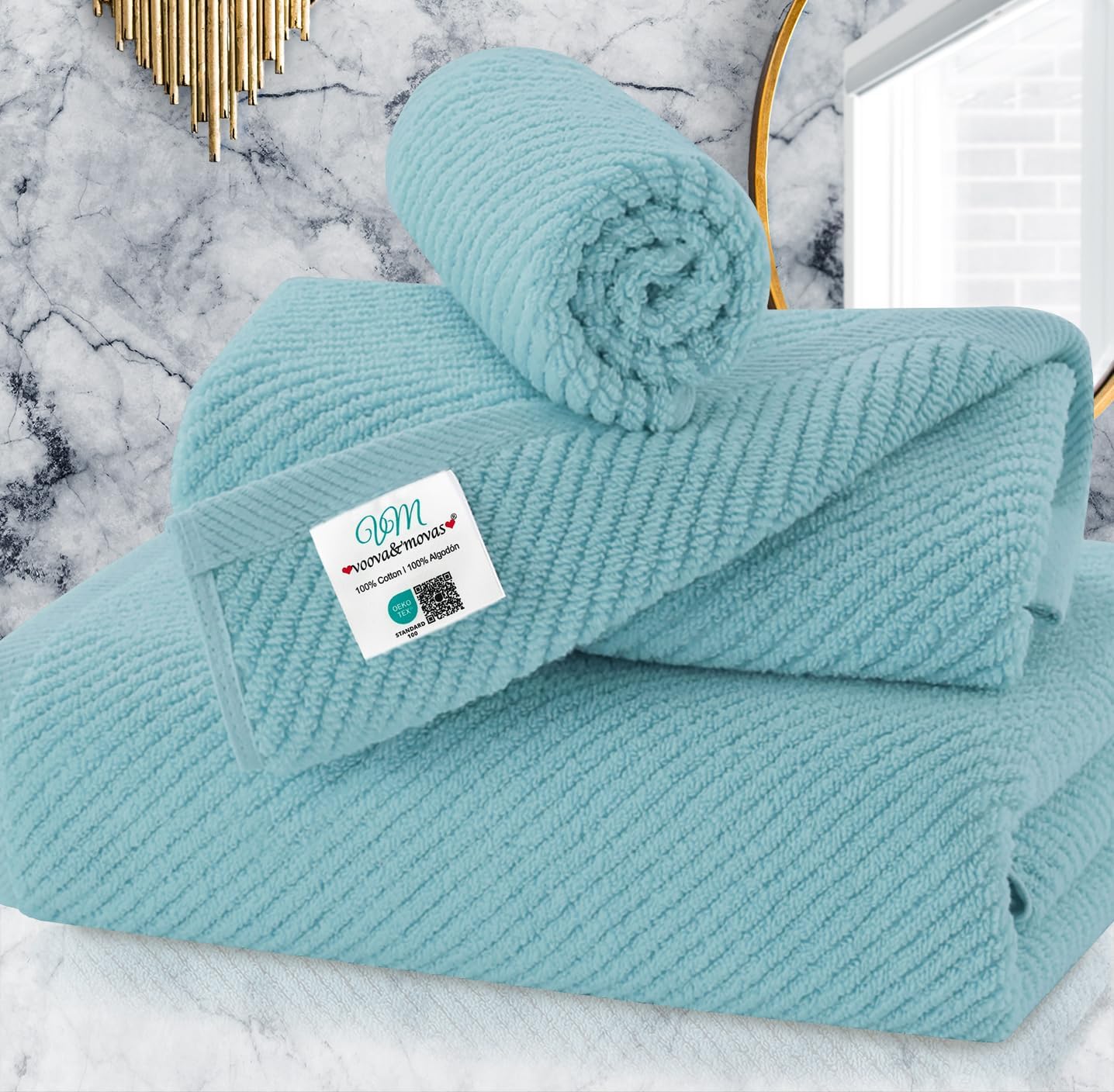 VOOVA & MOVAS Bathroom Towels Set, 100% Cotton | Quick Dry | Soft | Thick, 3 Piece Towel Set, 1 Large Bath 30" x 56", 1 Hand 18" x 28", 1 Wash Cloth 13" x 13", Bathroom Essentials, Aqua Teal