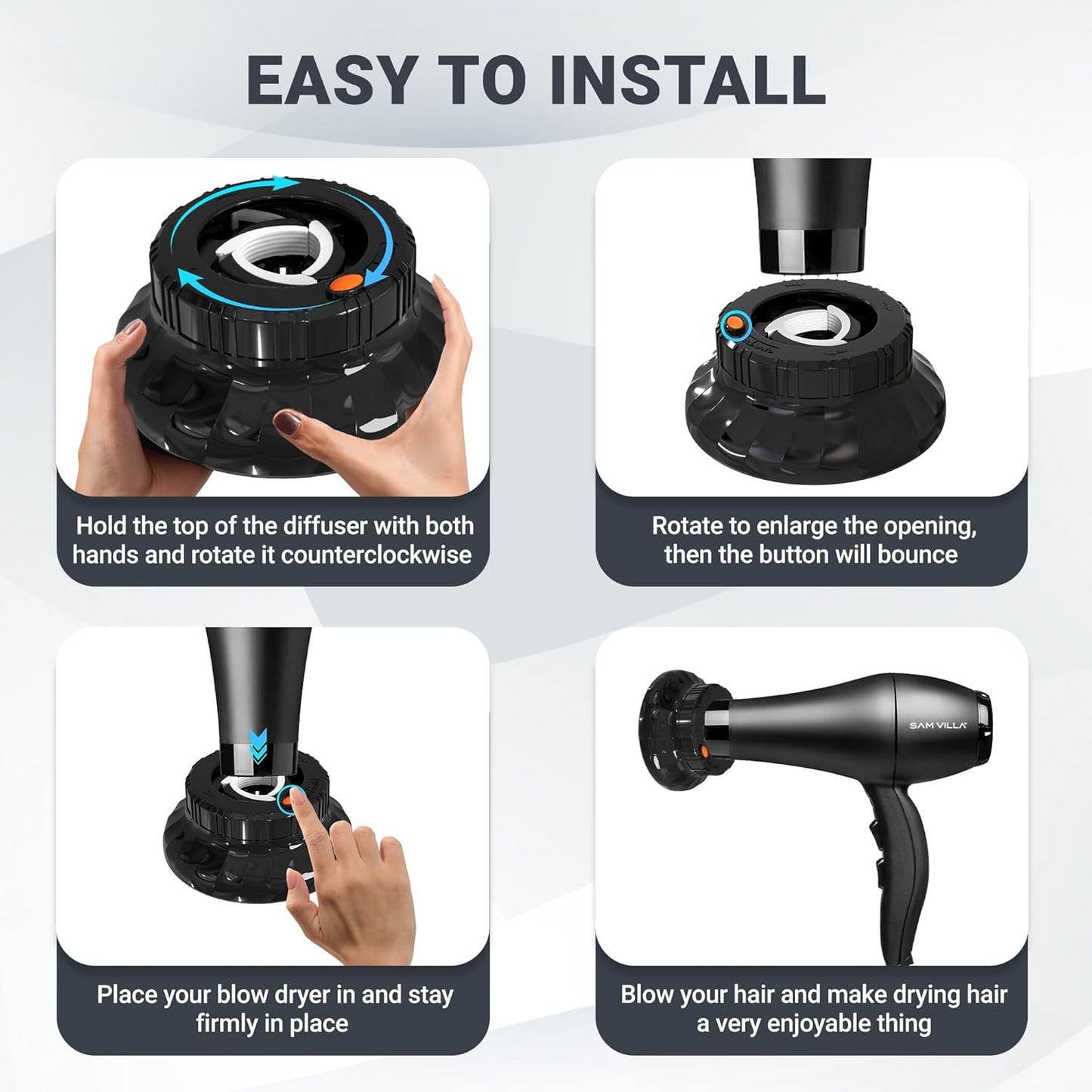 Universal Hair Diffuser for Blow Dryer - Fits All 1.4-2.4 inch Dryers, Professional Ionic Diffuser Attachment for Curly/Wavy Hair, Reduces Frizz & Enhance Curls, Lightweight, Travel-Friendly (Black)