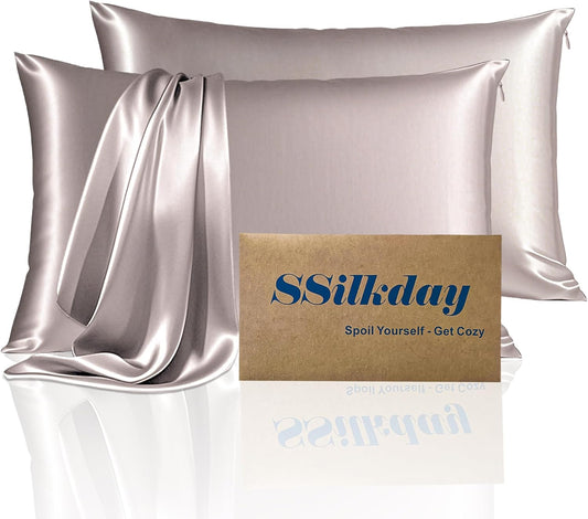 Mulberry Silk Pillow Cases 2 Pack Standard Size with Zipper, Ultra Smooth Soft Breathable Cooling Pillow Cases for Hot Sleepers, Silk Satin Pillowcase for Hair and Skin Set of 2, Gifts for Women