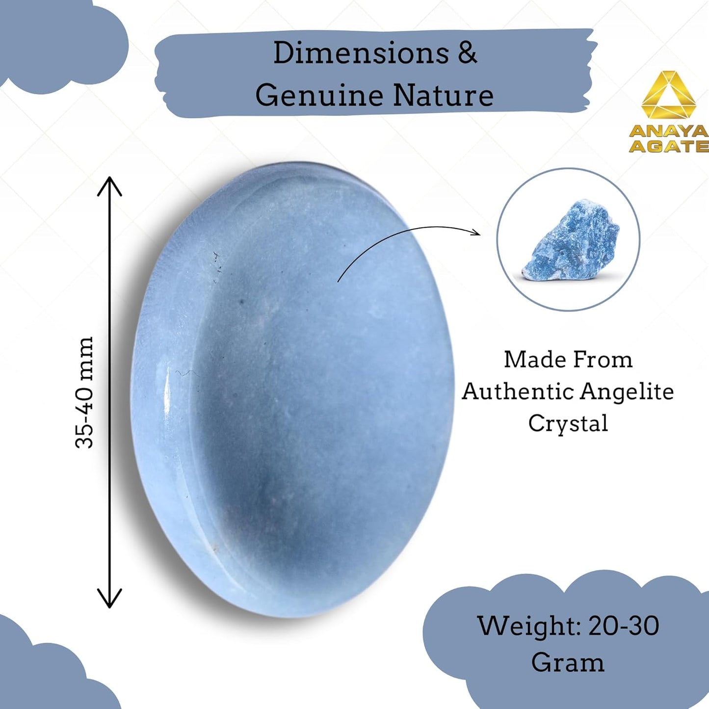 Angelite Worry Stones – Crystal Thumb Worry Stone for Anguish, Stress – Relaxing & Soothing Balance Stones for Meditation, Stress Relief – Healing Stones & Crystals for Men, Women