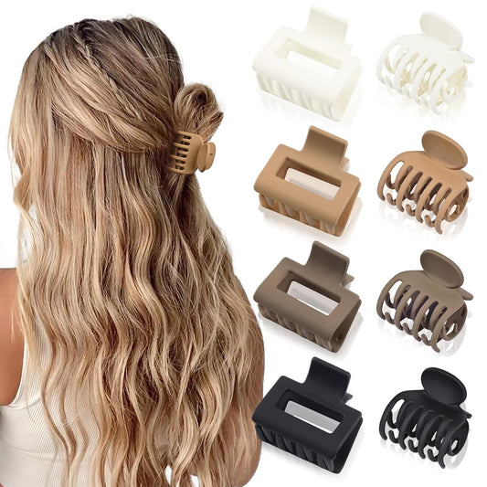 DEEKA 8 Pack Medium Small Hair Clips Set 2"" Rectangle and 1.6"" Double Row Teeth Hair Claw Clips for Thin Short Hair Matte Hair Clips Hair Accessories for Women Girls, Beige, Brown, Khaki, Black