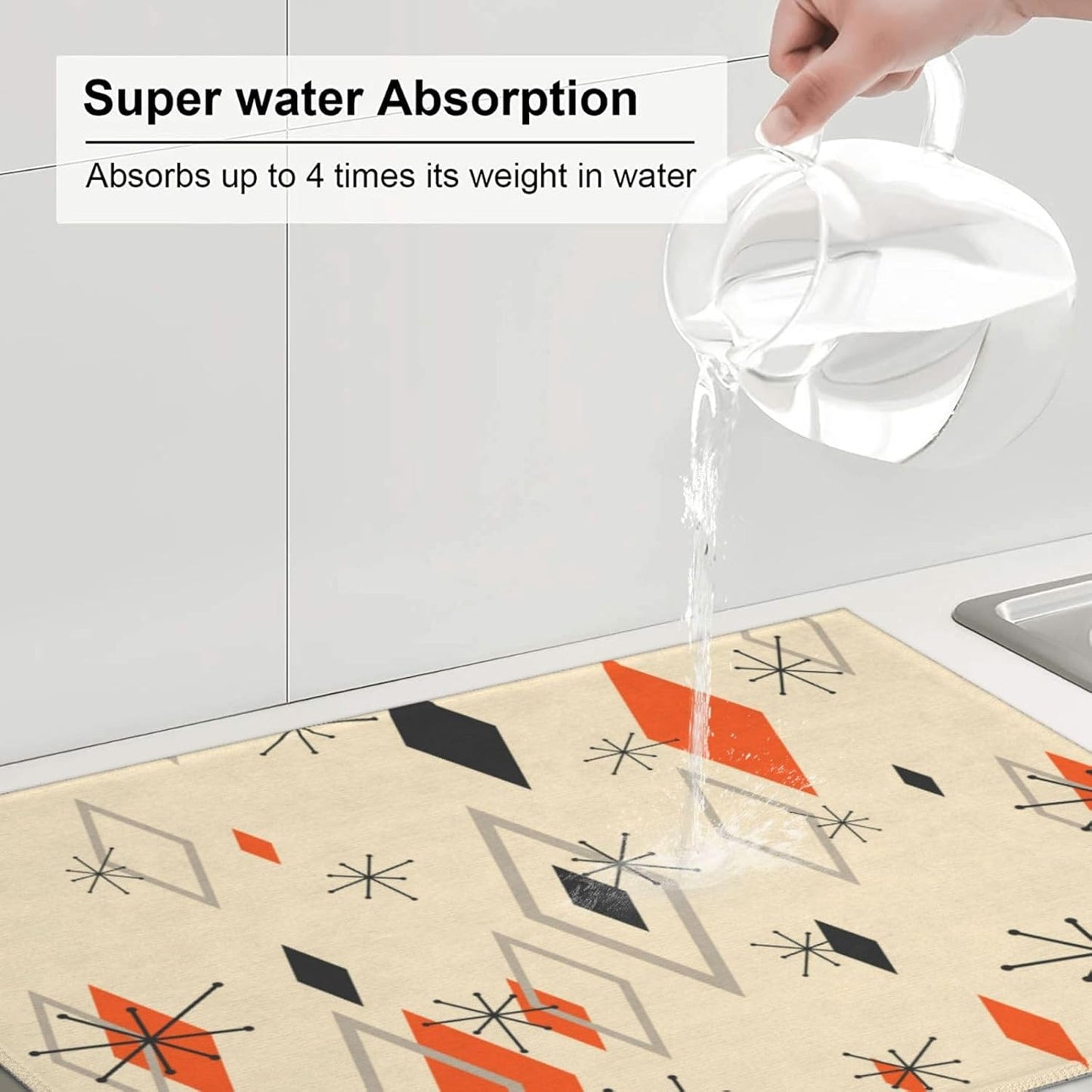 Retro Geometric Pattern Dish Drying Mat For Kitchen Counter Absorbent Large Kitchen Fast Dry Pad Reusable Washable Protector Rack Large Mat 18 X 24