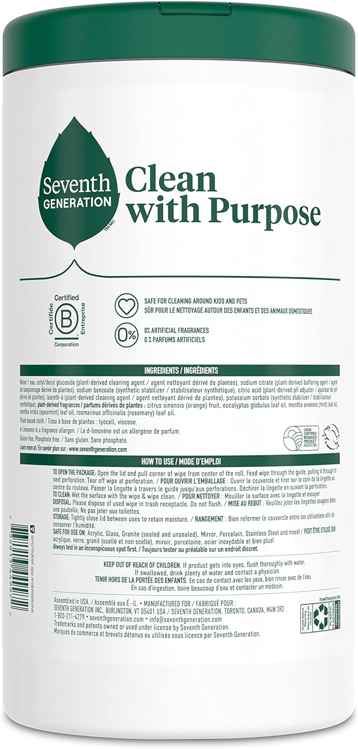 Seventh Generation Multi Purpose Wipes All Purpose Cleaning Garden Mint scent with 100% Essential Oils and Botanical Ingredients 70 count, Pack of 3