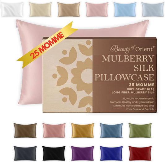25 Momme Premium Mulberry Pink Silk Pillowcase for Hair and Skin | Handcrafted Hypoallergenic & Anti-Acne Silk Pillow Cases with Zipper | Queen - 20" x 30", Rose Water