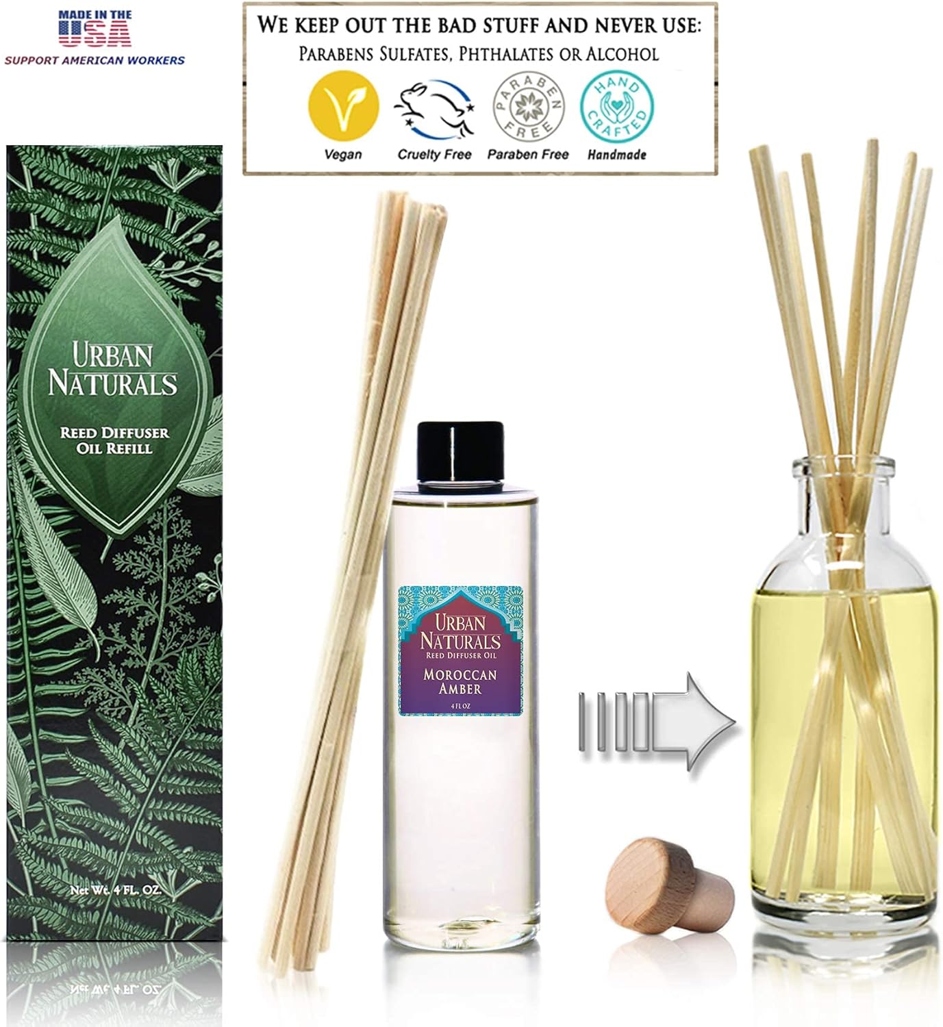 Urban Naturals Moroccan Amber Reed Diffuser Refill Set | Includes a Free Set of Reed Sticks! 4 oz. | Great Gift Idea Home Fragrance Lovers!