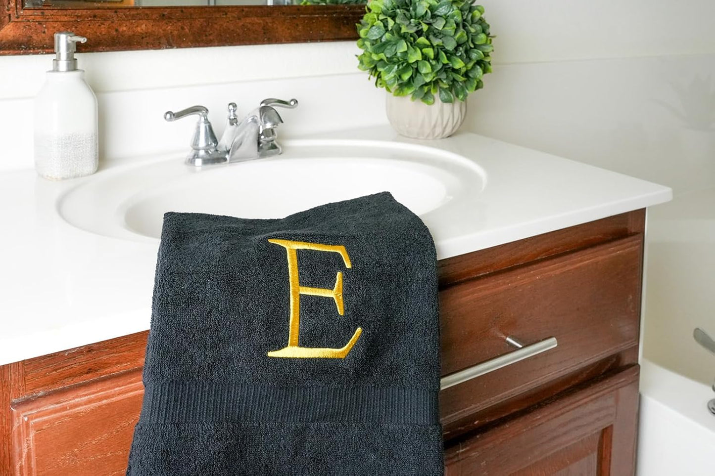 Black Monogram Hand Towel for Bathroom - Monogrammed Initial Hotel Quality Decorative Embroidered Luxury Towel for Powder Room, Spa - GOTS Organic Certified - Pack of 2, Letter E
