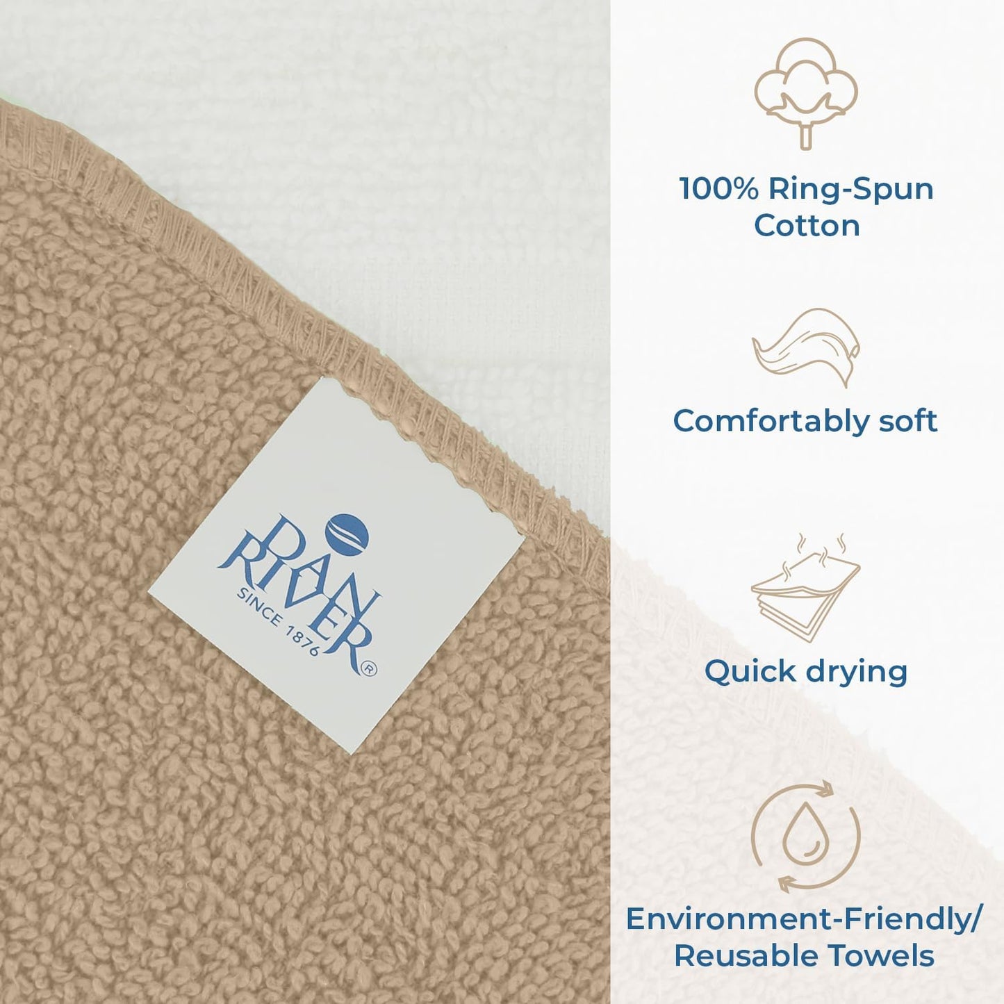 DAN RIVER 100% Cotton Washcloths 20 Pack Premium Quality Face and Body Cloth, Quick Dry Essential Towels for Bathroom, Hand, Kitchen & Cleaning, Baby Washcloths | 11X11 in | 400 GSM | Tan + White