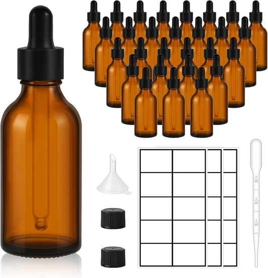 28 Pack 2oz Amber Glass Dropper Bottles Leakproof with Funnels, Eye Droppers, Extra Caps, Labels - Refillable UV Resistant 60ml Empty Bottles for Tinctures, Essential Oils, Beard, Hair Oil