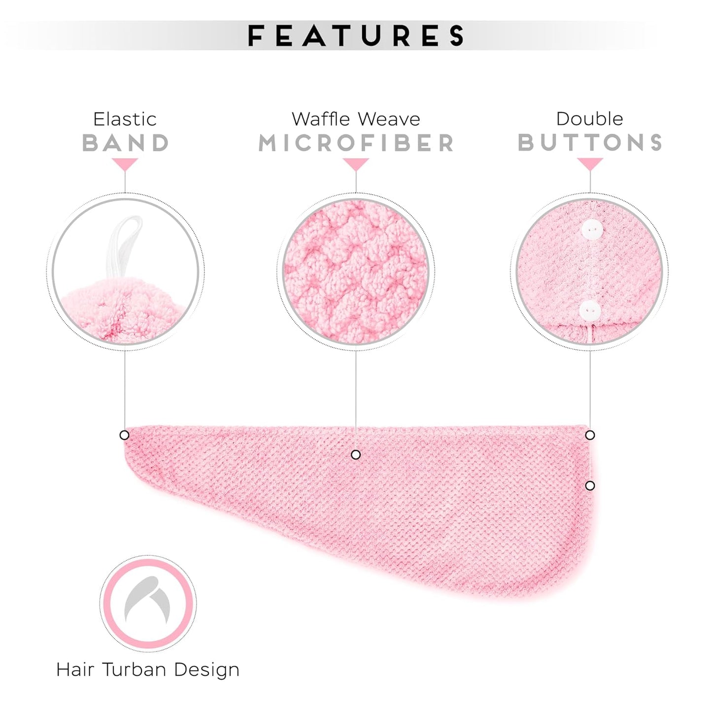 2 Pack Microfiber Hair Towel Wrap for Women, Anti Frizz Quick Drying Hair Turban for All Hair Style, Absorbent and Lightweight (Pink)