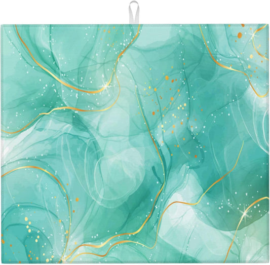 Teal Gold Marble Dish Drying Mat for Kitchen Counter Green Turquoise Dish Drainer Rack Mats 16x18 Inch Absorbent Reversible Modern Drying Pad
